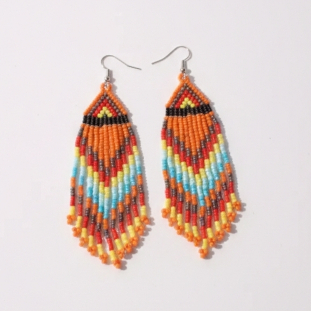 🆕️ Colorful Beaded Orange Dangle Earrings Traditional Tribe